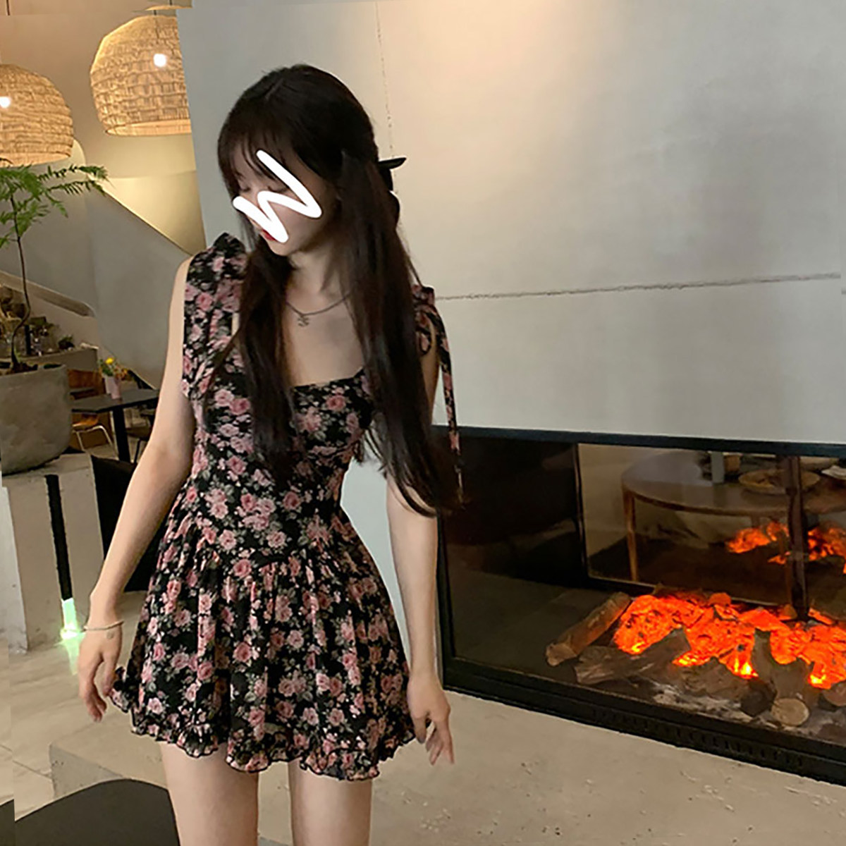 Suspender Dress Women 2022 New French Square Neck Butterfly Lace-up Floral Dress Short High Waist A-Line Skirt