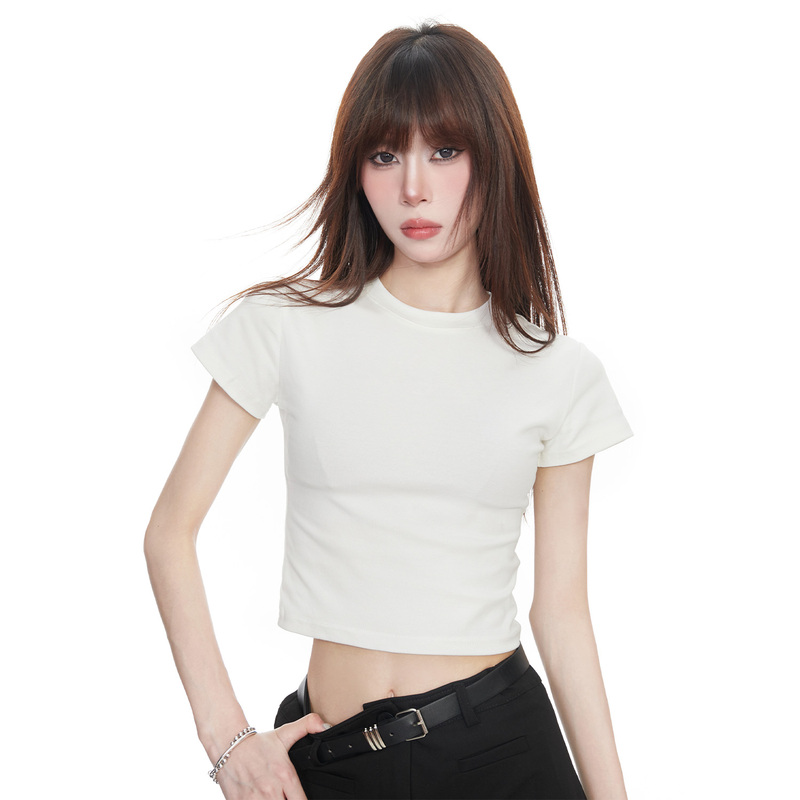 American-Style Regular Shoulder Round Neck Short-Sleeve T-Shirt for Women, Summer 2026 New Model, Hot Girl High-Waisted Slim-Fit Cropped Top