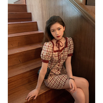 (Clearance) red plaid dress women 2021 summer bubble sleeve retro chicken heart collar skirt temperament A- line dress
