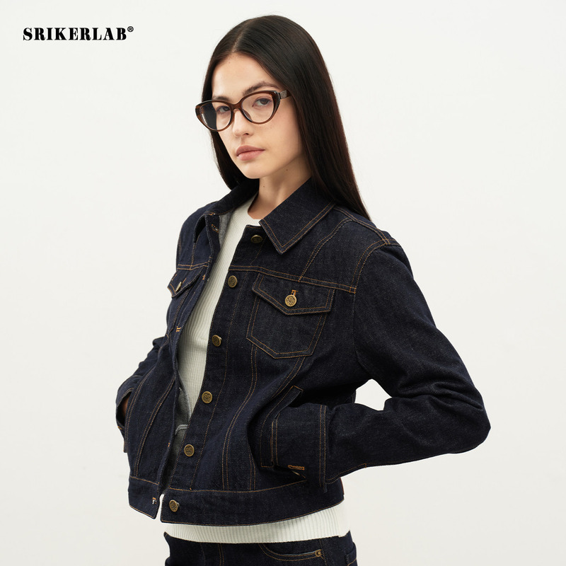 Srikerlab High-Quality Denim Lapel Jacket, Short Style, Deep Blue, Slim Fit, Vintage Coat