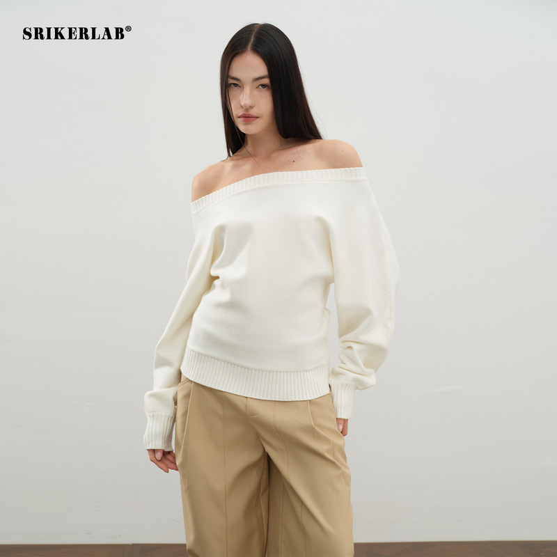 Srikerlab Relaxed Style Off-Shoulder Sweater Loose and Sophisticated One-Shoulder Knitted Wool Top Thick Style for Women