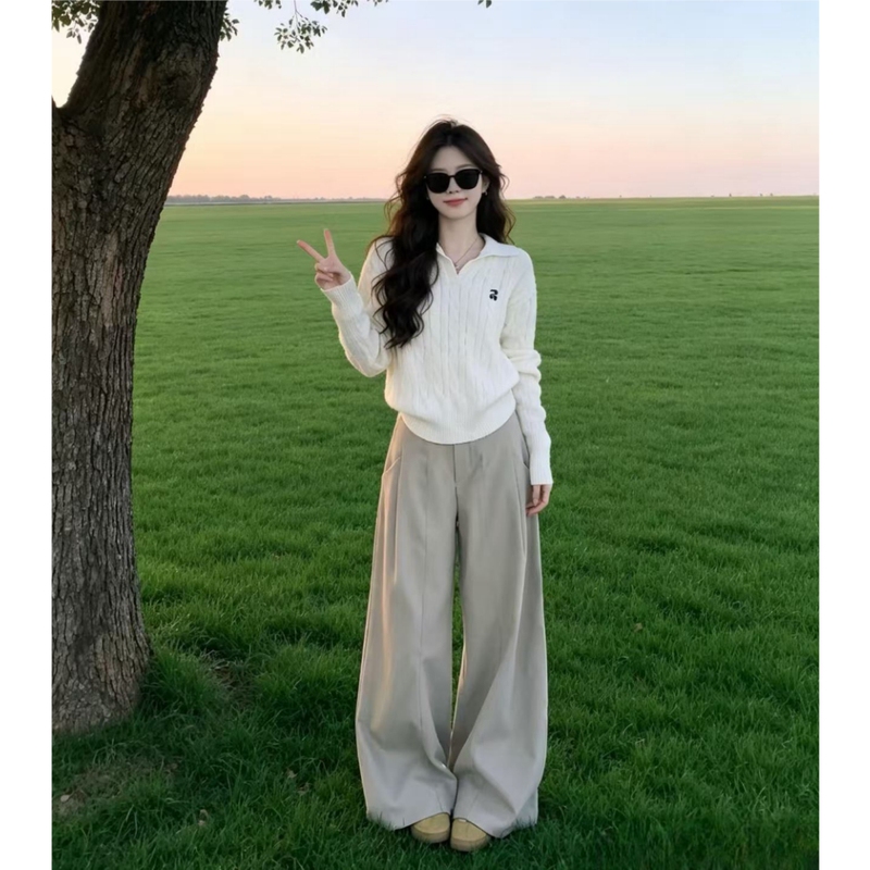 Relaxed Knit Sweater Sports Suit for Women, Autumn College Style, Korean Fashion Sweatshirt, Wide-Leg Pants, Casual Two-Piece Set Relaxed Knit Sweater Sports Suit for Women, Autumn College Style, Korean Fashion Sweatshirt, Wide-Leg Pants, Casual Two-Piece Set