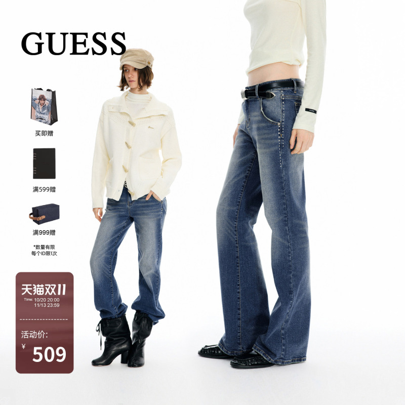 Guess Retro Low-Waist Denim Blue Jeans 2026 Autum Women's Washed Distressed Slim Fit Flared Pants Xr02