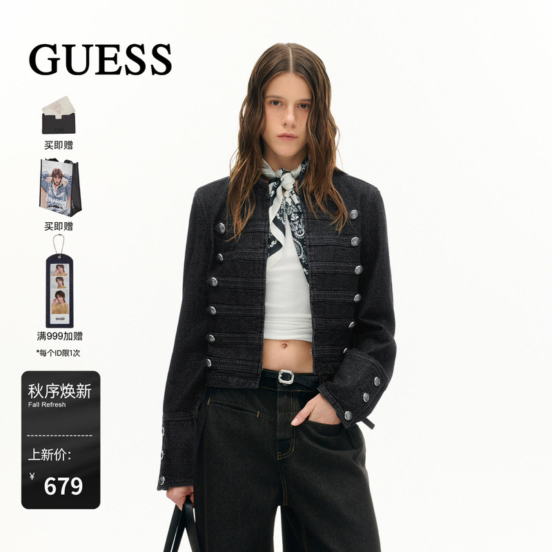 Guess 2026 Women's Napoleon Double-Breasted Jacquard Denim Vintage Casual Denim Jacket Short Coat Guess 2026 Women's Napoleon Double-Breasted Jacquard Denim Vintage Casual Denim Jacket Short Coat