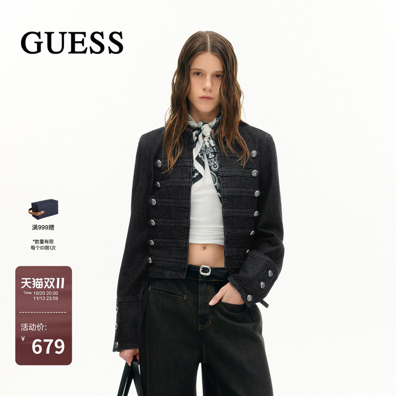 Guess Napoleon Double-Breasted Jacquard Denim Jacket 2026 Autumn and Winter Women's Retro Casual Short Jacket