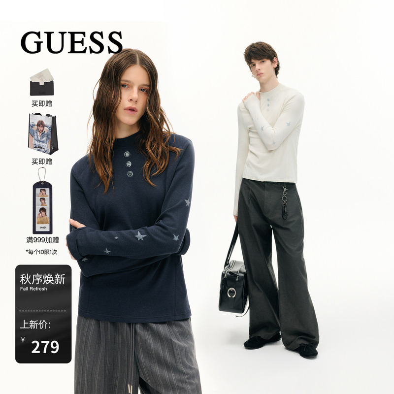 Guess 2026 Autumn Women's Slim Fit Casual Long Sleeve T-Shirt Blouse with Button Print Design Knitted Base Shirt Guess 2026 Autumn Women's Slim Fit Casual Long Sleeve T-Shirt Blouse with Button Print Design Knitted Base Shirt