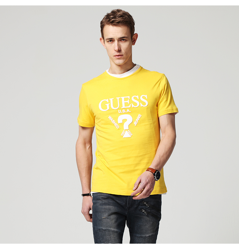 GUESS couple 2018 mùa xuân và mùa hè của nam giới LOGO màu rắn vòng cổ ngắn tay T-Shirt-MI2K9407K