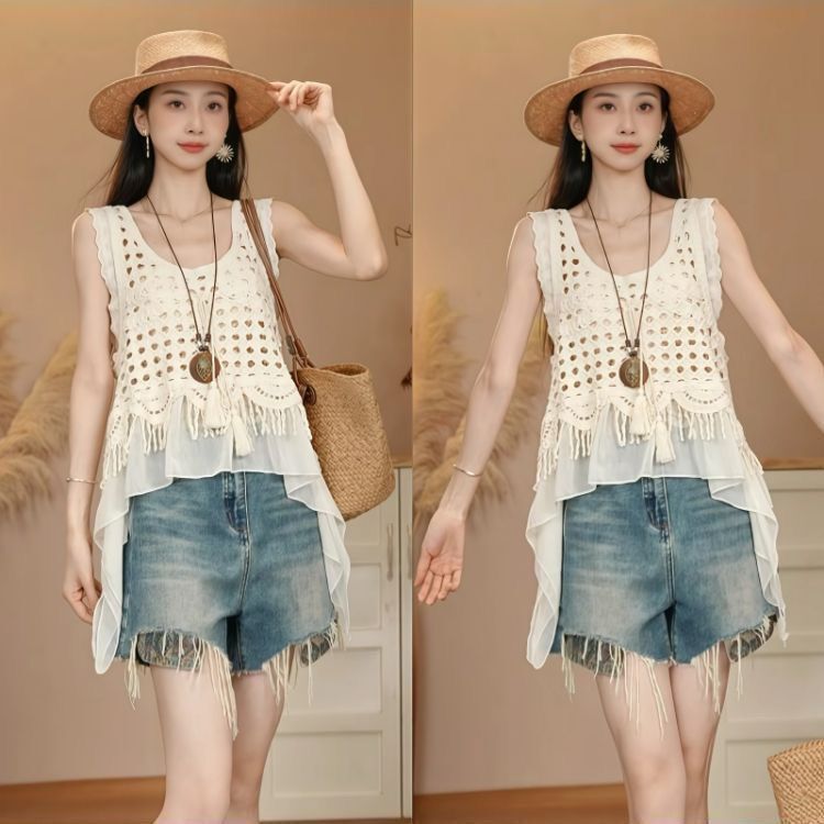 Vacation Style Crochet Hollow-Out Tassel Camisole Irregular Chiffon Patchwork Loose Sleeveless Top for Women Vacation Style Crochet Hollow-Out Tassel Camisole Irregular Chiffon Patchwork Loose Sleeveless Top for Women