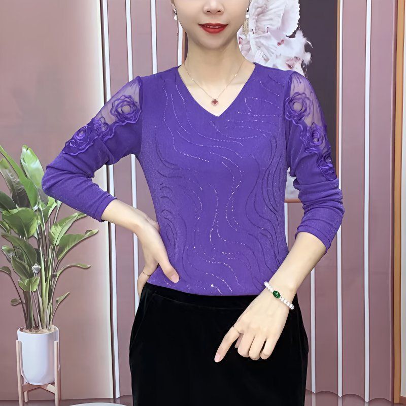 Purple V-Neck Rhinestone Mesh Long-Sleeve Top with 3D Rose Lace Splicing, Elegant Slim-Fit Base Shirt for Moms