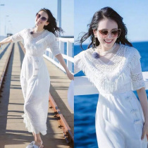 2022 spring and summer Xinming stars Zhang Ziyi with the same flow Su hollowed-out lace in the long section of the slender holiday one-piece dress