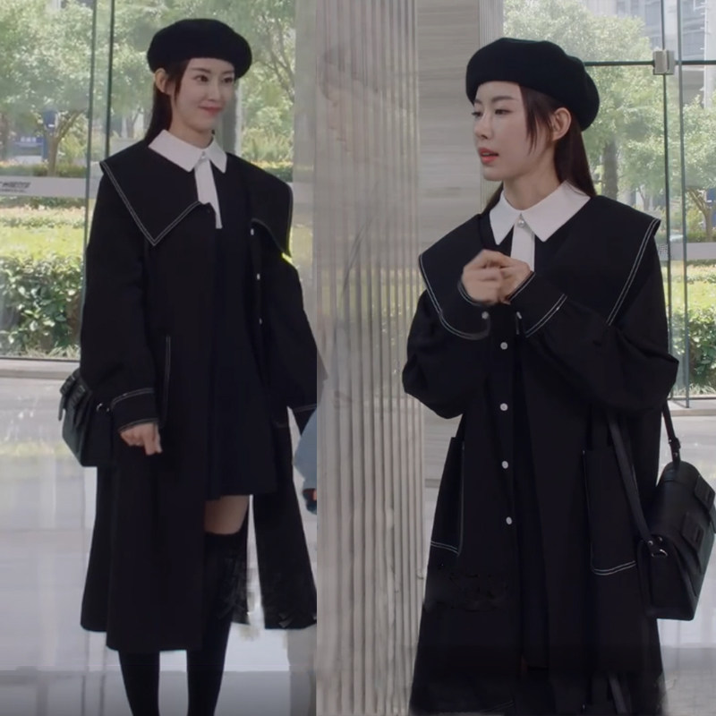 22 autumn new dear love blueberry with the same loose and thin black college style thin windbreaker coat women