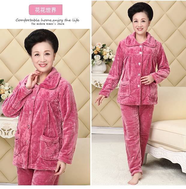 Mùa thu và mùa đông Bộ đồ ngủ của mẹ trung niên Bà già trung niên flannel san hô nhung dày ấm áp mẹ chồng các kiểu đồ bộ mặc ở nhà đẹp