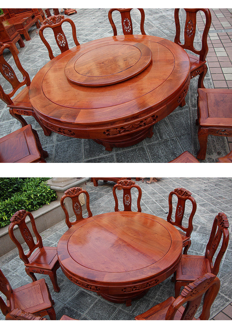 стол со стульями 红木餐桌圆形缅甸花梨木带转盘全实木饭桌椅组合中式客厅餐桌家具