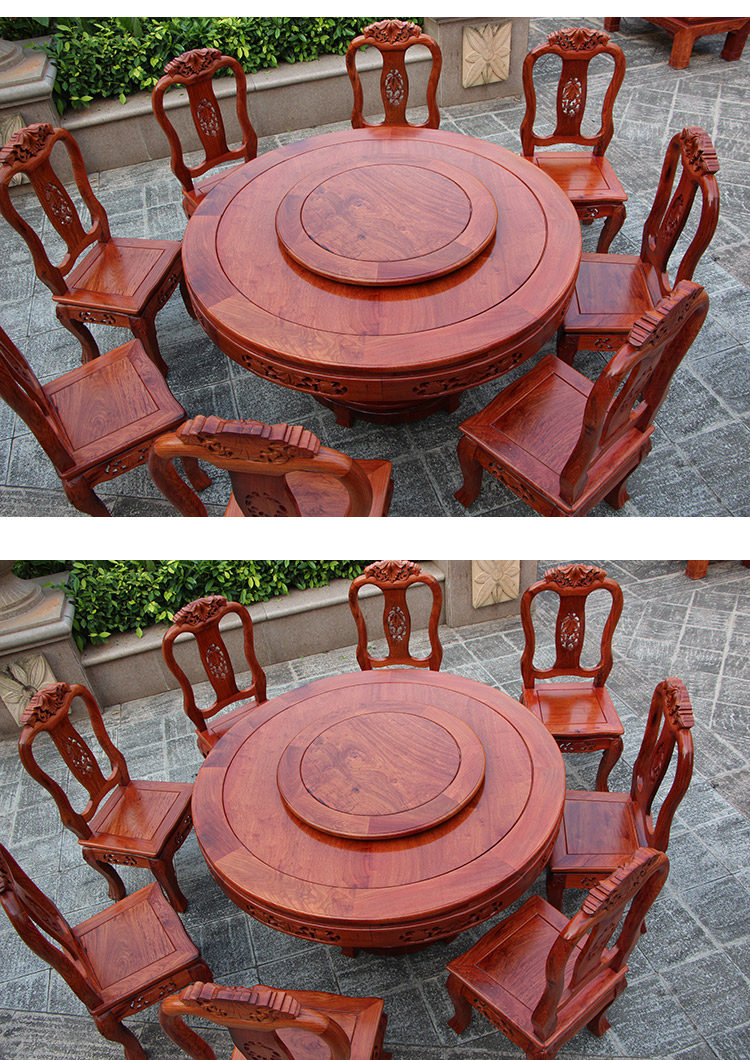 стол со стульями 红木餐桌圆形缅甸花梨木带转盘全实木饭桌椅组合中式客厅餐桌家具