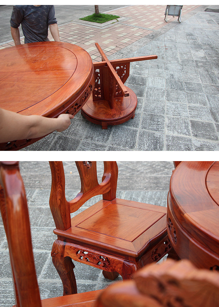 стол со стульями 红木餐桌圆形缅甸花梨木带转盘全实木饭桌椅组合中式客厅餐桌家具