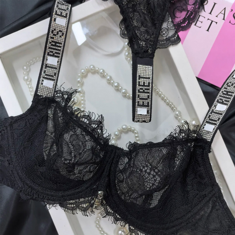 Victoria's Secret Sexy Push-Up Bra Women's Lift-Up Bra Floral Lace Rhinestone Straps Ultra-Thin Bra Set