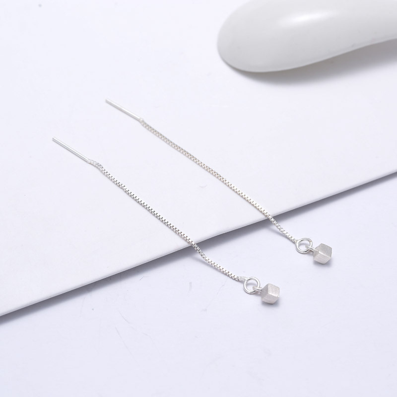 925 Pure Silver Wire Drawing Block Ear Necklace Long Version Korea Brief Temperament Classic Fashion Geometric Square Flow Suearrings