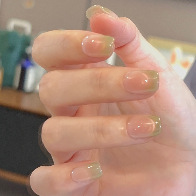 Guava Cat-Eye Green French Handmade Wearable Nails Fresh Manicure Finished Stickers Reusable