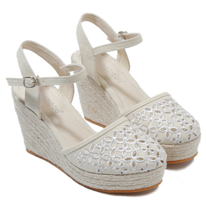 镂空刺透波西米亚麻底坡跟高跟女鞋