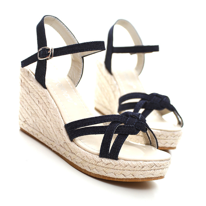 2021 summer new summer small fresh denim thin belt hemp bottom slope heel waterproof platform women's shoes straw sandals
