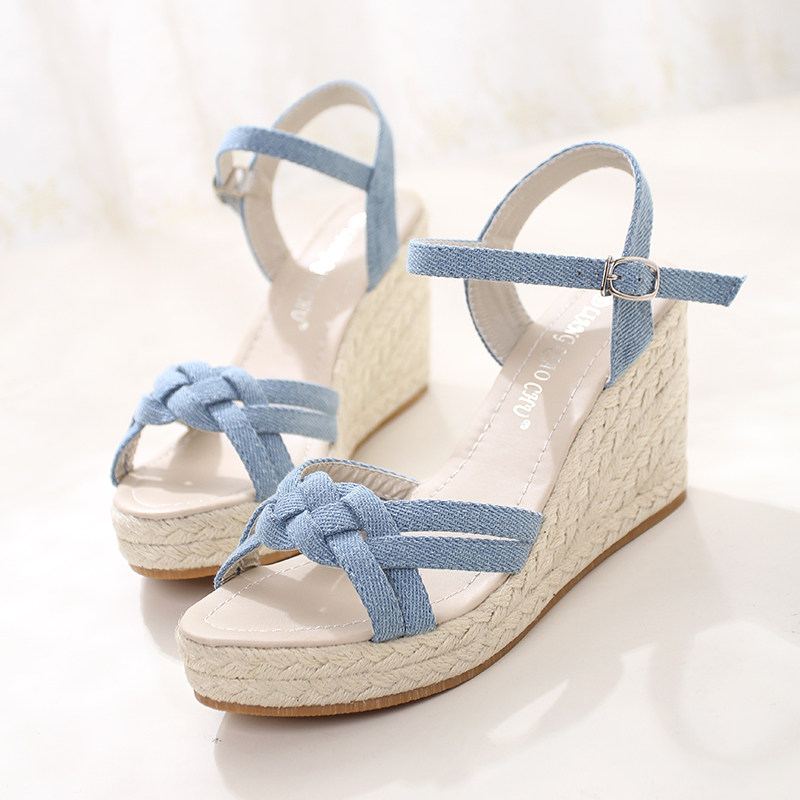 2021 summer new summer small fresh denim thin belt hemp bottom slope heel waterproof platform women's shoes straw sandals