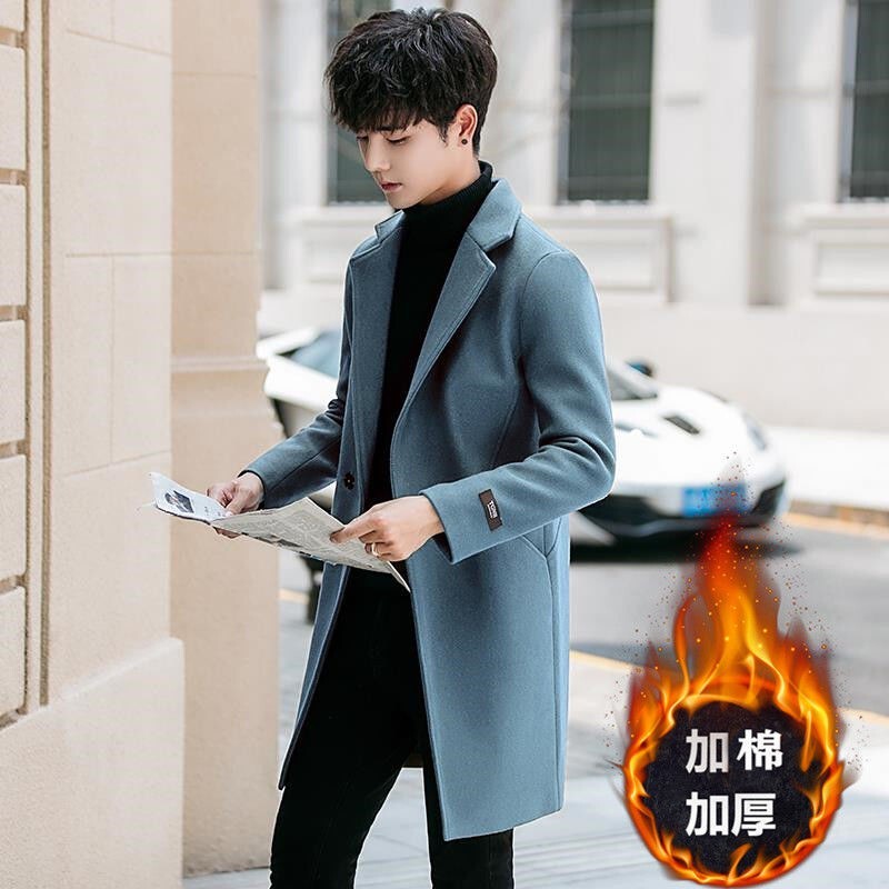 2024 New Winter Woolen Coat Men's Trench Coat Mid-Length Korean Style Padded Thickened Woolen Jacket Men's Fashion