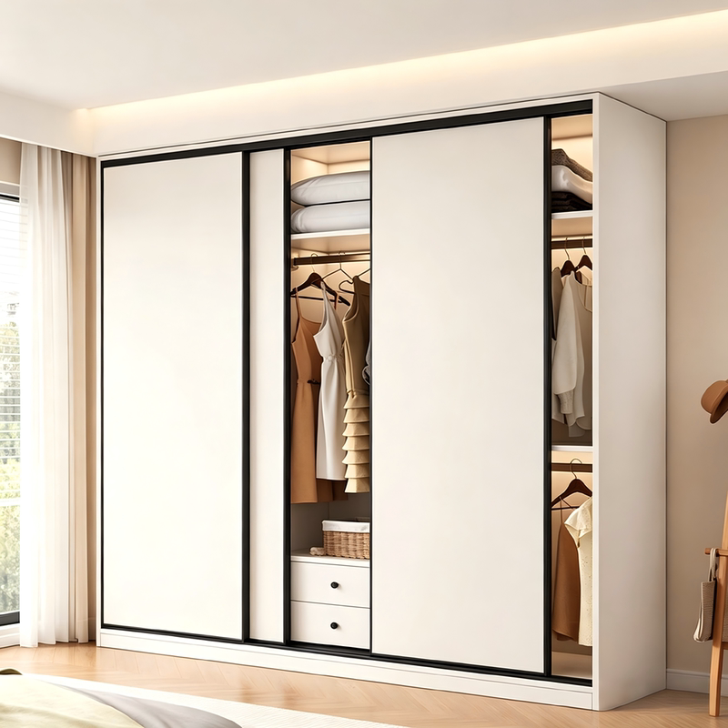 Cream-Colored Aviation Aluminum Honeycomb Panel Sliding Door Wardrobe for Home Bedroom, Simple Wardrobe with Sliding Doors to the Ceiling