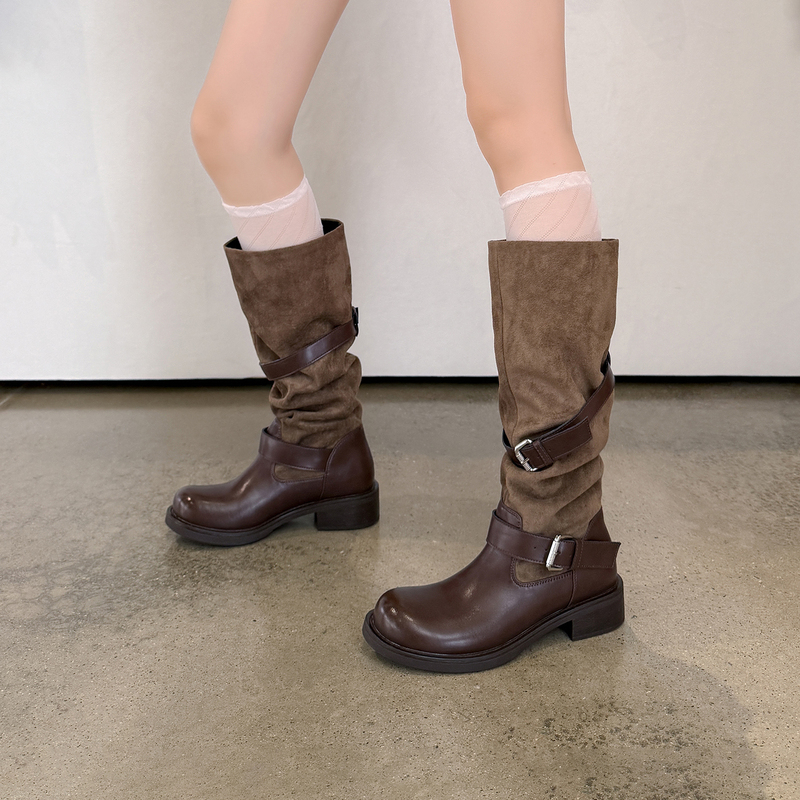 Earl Cat Retro Long Boots for Women 2026 New Style Western Cowboy Stacked Trouser-Leg Boots with Thick Heels and Pleated Riding Boots