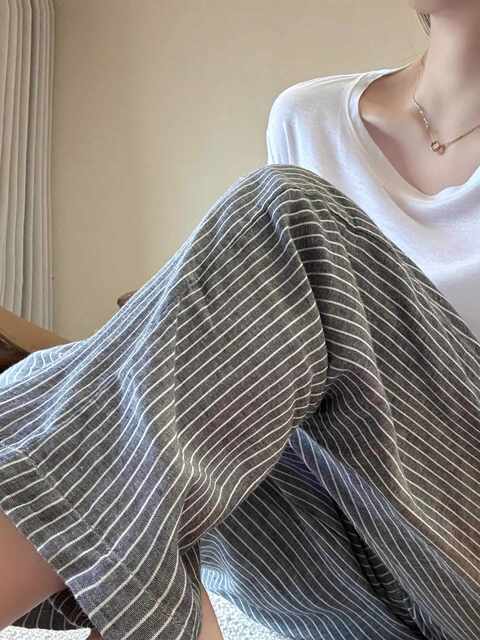Women's summer Korean style striped simple wide-leg small pajama pants versatile large size casual home long trousers thin