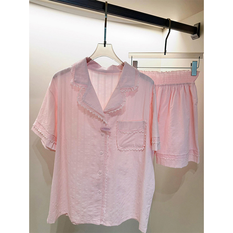 High-End Sweet Style Lace Pink Pajamas for Women, Summer Short-Sleeved Shorts Set, Comfortable Home Wear That Can Be Worn Outside High-End Sweet Style Lace Pink Pajamas for Women, Summer Short-Sleeved Shorts Set, Comfortable Home Wear That Can Be Worn Outside