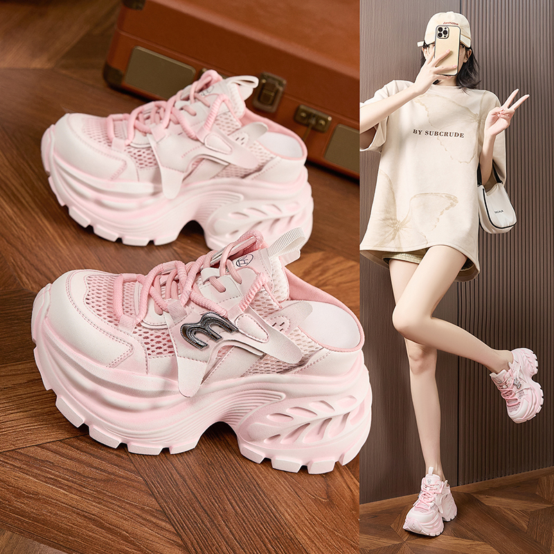 Super Trendy Pink Retro Closed-Toe Mules for Women, 2026 Summer New Style, Thick-Soled, Height-Increasing Slip-On Dad Shoes