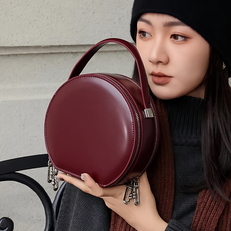 Nan-D Red Round Cake Bag 2026 New Genuine Leather High-End Light Luxury Small Round Bag Cowhide Handbag Crossbody Bag