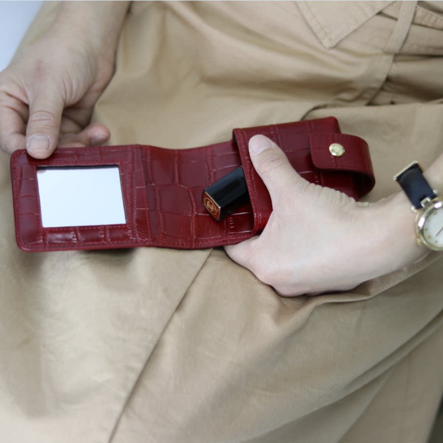 2020 Slave Pure Head Layer Crocodile Striped Cow Leather Lipstick Red Bag With Mirror Genuine Leather Cosmetic Bag Containing Bag-Taobao