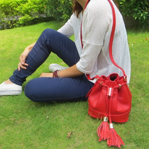 Bucket bag leather 2016 early summer new one-shoulder diagonal bag womens bag solid color mini tassel small bucket bag