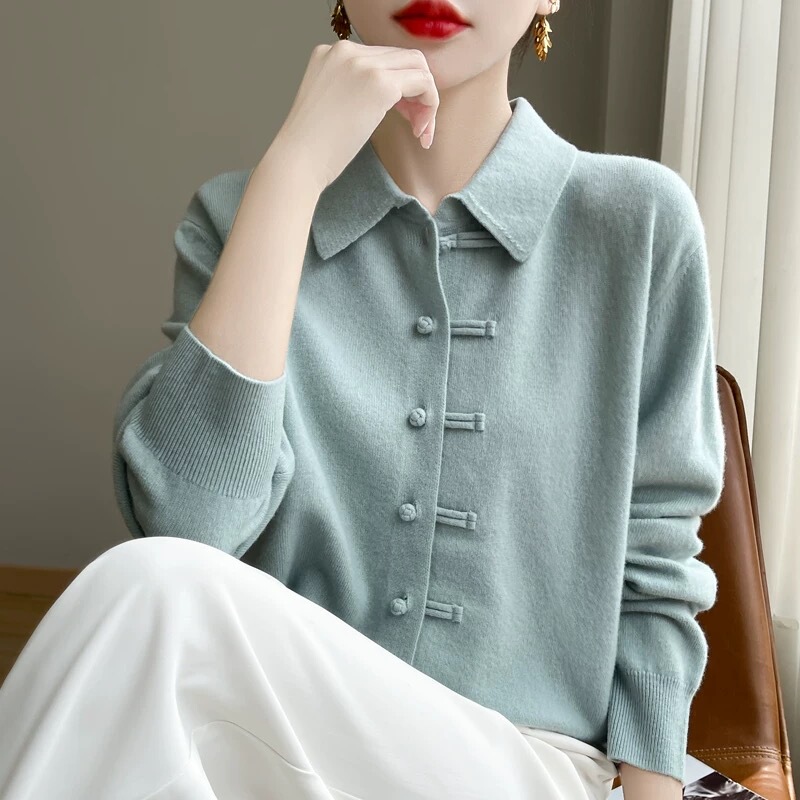 Chinese Style New Autumn and Winter Polo Collar Sweater for Women, Vintage Knitted Handmade Button Loose Pure Wool Cardigan Coat