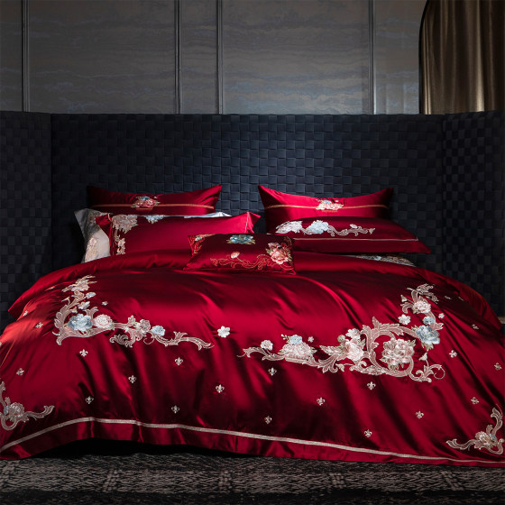 欧式高端婚庆四件套140支全棉纯棉刺绣被套红色结婚陪嫁床上用品