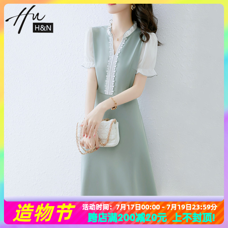 French high-end dress summer new small thin lace stitching ruffle fake two a-line skirts