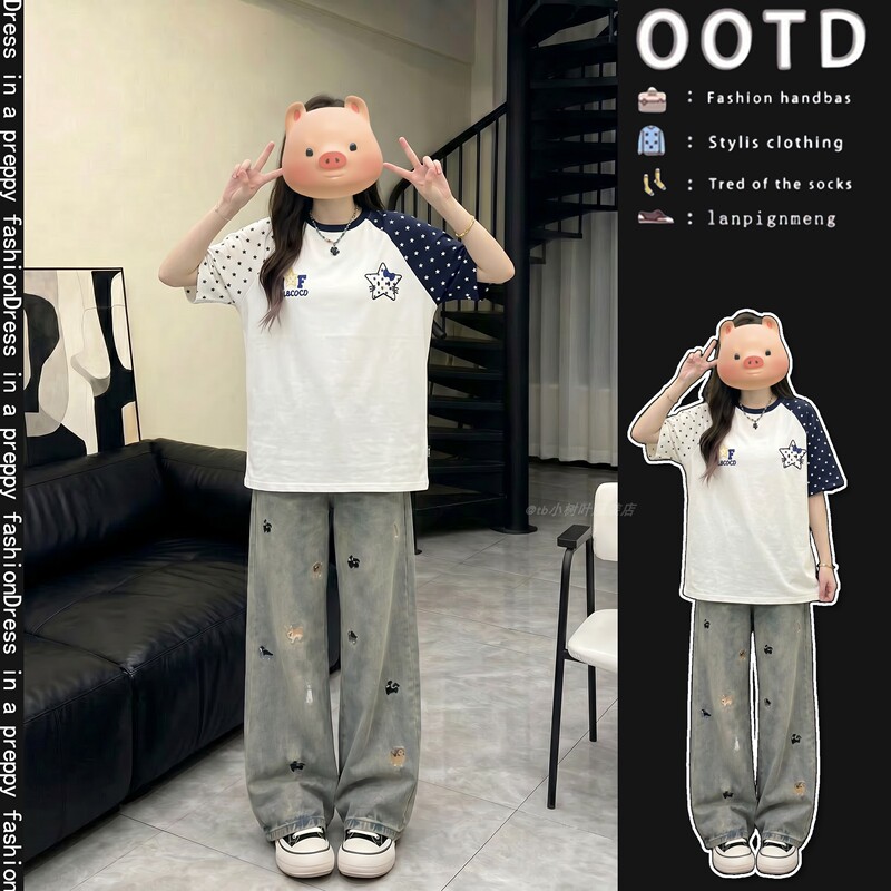 Korean Style High-Looking and Cute Summer Suit for Women, Raglan Printed Short-Sleeved T-Shirt, Embroidered Jeans Two-Piece Set Korean Style High-Looking and Cute Summer Suit for Women, Raglan Printed Short-Sleeved T-Shirt, Embroidered Jeans Two-Piece Set