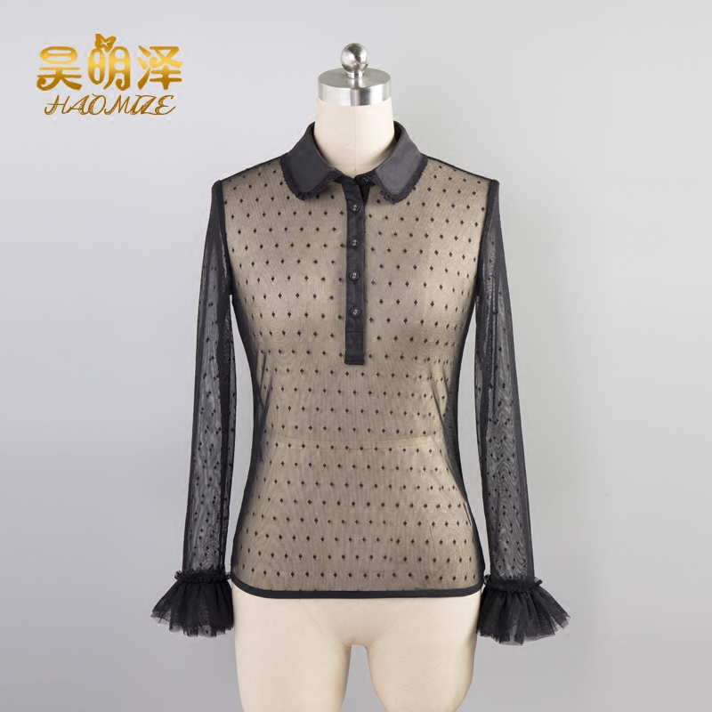Women's Base Shirt 2025 Spring, Autumn, and Winter New Style Dress Anna Sexy See-Through Versatile Bell Sleeve Doll Collar Lace Shirt