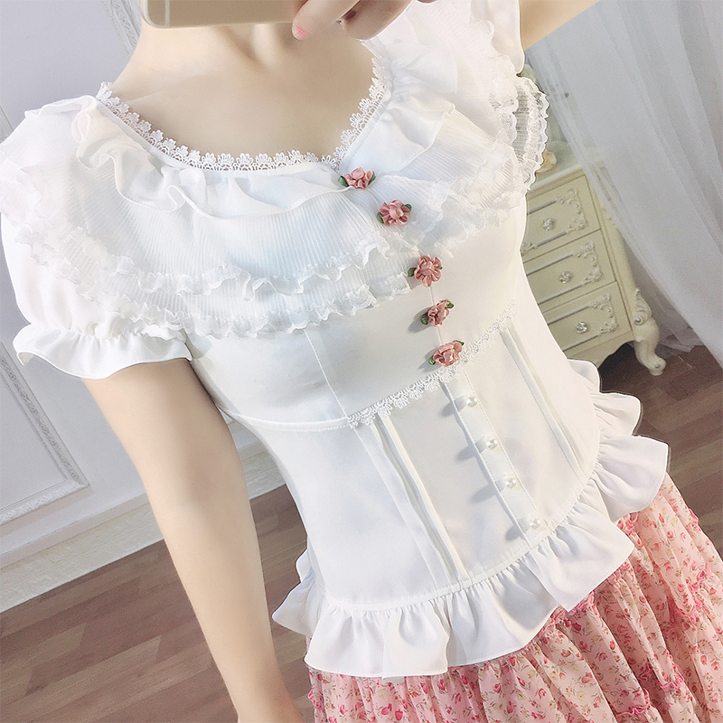 Anna Dress Palace Style 2026 New Sweet Round Neck Top with Ruffled Lace Trim Princess Sleeve Blouse for Women