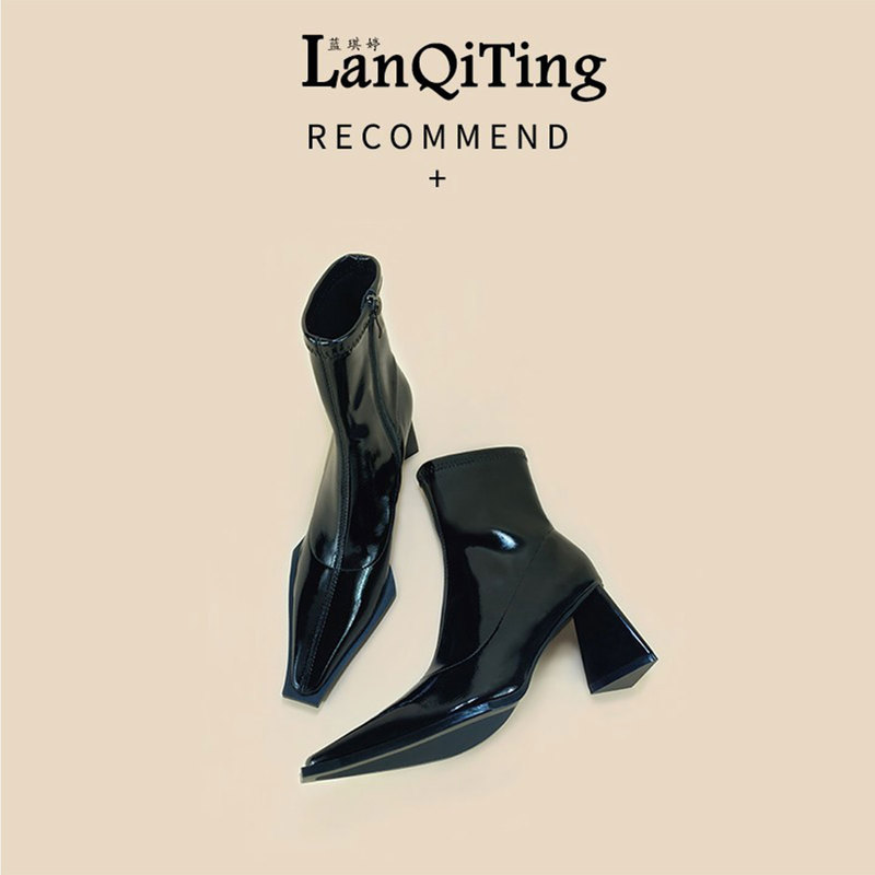 Patent Leather High-Heeled Short Boots for Women 2026 Autumn New Style Chunky Heel Slim Boots Black British Style Mid-Calf Slimming Martin Boots Patent Leather High-Heeled Short Boots for Women 2026 Autumn New Style Chunky Heel Slim Boots Black British Style Mid-Calf Slimming Martin Boots