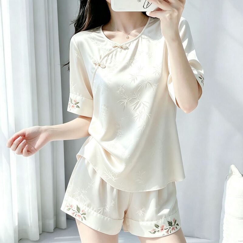 Mk Mulberry Silk Pajamas for Women, Summer Thin Style, New Chinese Style with Chest Pads, Short Sleeves and Shorts, National Style Jacquard Homewear Set