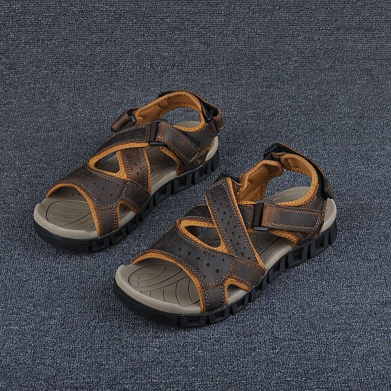 Exported to Dubai summer men's first layer cowhide non-slip wear-resistant Velcro I casual beach sandals
