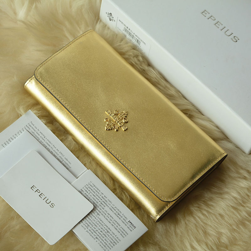 Epeius Women's Wallet, Full-Grain Top-Layer Cowhide, Gold Wallet, Long Style, Great Leather Feel