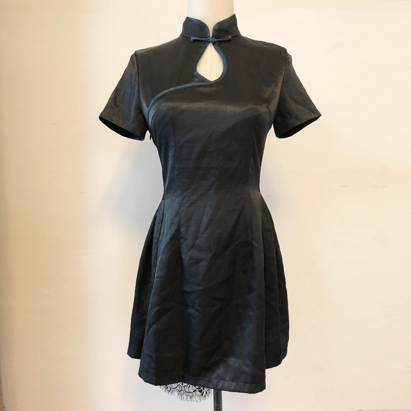 Retro low-neck improved cheongsam dress fashion slim dress small black dress for women's summer - Taobao