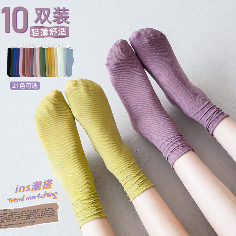 10双冰冰袜子女中筒袜夏季薄款潮卡通白色天鹅绒冰丝春秋长堆堆袜