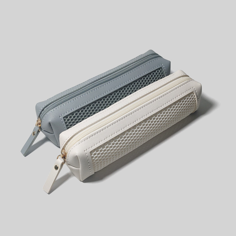 ins original high-value stationery lychee pattern pu stitching pvc mesh hollow primary school students pencil large-capacity pencil case