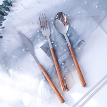 Japanese household creative imitation wood grain tableware stainless steel spoon fork steak knife fork spoon spoon