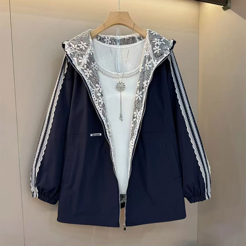 Plus-Size Women's 2025 Autumn New Lace Trim Casual Slimming Loose Korean Style Trendy Jacket Coat Plus-Size Women's 2025 Autumn New Lace Trim Casual Slimming Loose Korean Style Trendy Jacket Coat