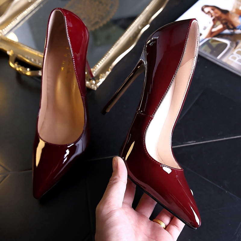 Fashion 12cm Patent Leather Burgundy Elegant High Heels Stiletto Shallow Pointed Toe Black Sexy Nightclub Shoes for Women
